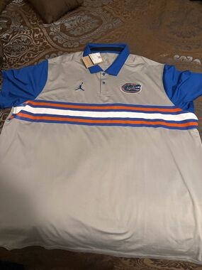 Jordan Men's Grey Polo with Blue, Orange and White Stripes